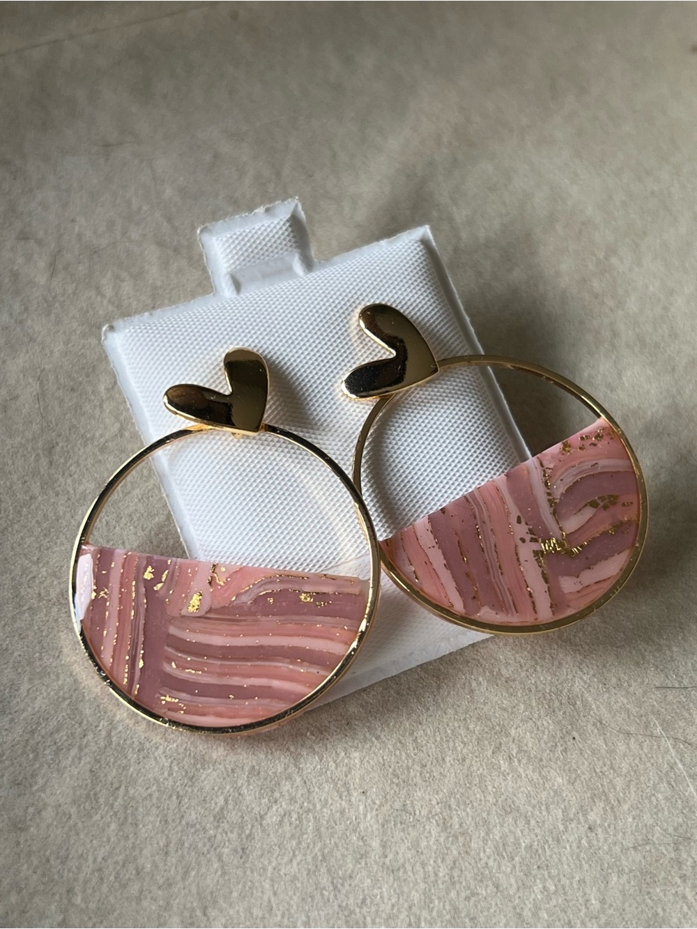 Gold Hoop Earrings with Pink Marbled Inlay